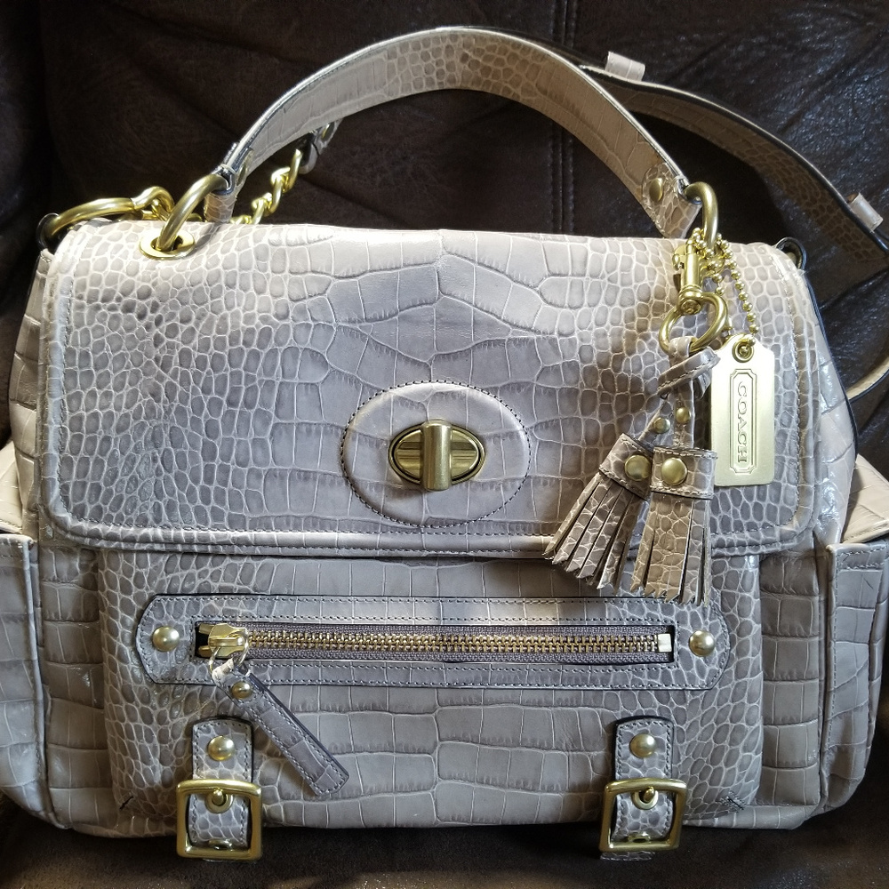 Coach Sydney Croc Embossed Taupe Beige Satchel